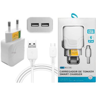 Imagem de Cabo Micro USB V8 1M e Fonte Carregador de Parede Para Carga Rapida e Transferencia de Dados 5.1A Alta velocidade, Com 2 Saidas USB 25,5W Smart Charger, P/Celular e Dispositivos