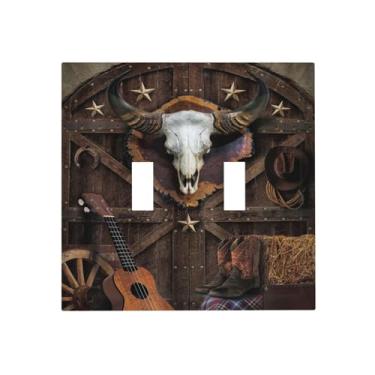 Imagem de Spshian Cobertura de interruptor de luz para casa de fazenda com duas portas de celeiro rústicas de madeira ocidental, placa de parede com 2 divisórias, placa de interruptor decorativa dupla, placa