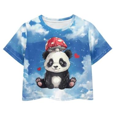 Imagem de Watdotory Camiseta de 4 de julho para meninas de 7 a 8 anos com a bandeira dos EUA Crop Tops Kids Outfit Independent Day Graphic Tee-, Cogumelo panda desenho animado azul, M