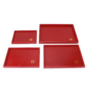 Imagem de Bandeja de Lanche de Casamento Vermelha, Bandeja de chá e café de Madeira, Prato de Servir Estilo Chinês de Madeira Maciça Com Bordas Elevadas, Visual retrô, Resistente a
