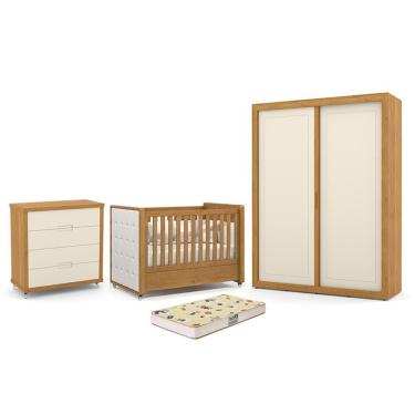 Imagem de Dormitório Tutto New 2 Portas, Cômoda 4 Gavetas e Berço com Capitonê e Colchão Supreme - Matic Móveis