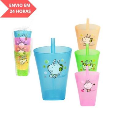 Imagem de Copo com canudo de plastico translucido colors habit 4 pecas 240ml - C