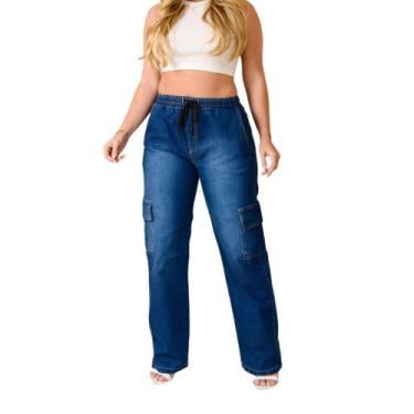Imagem de Calças Cargo Feminina Jeans Larga Skatista Bolso Lateral - Mitchelgutt
