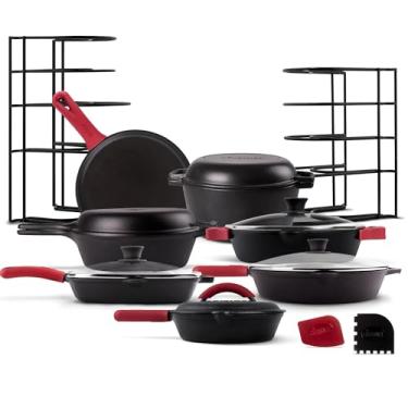 Imagem de Cuisinel Conjunto de panelas de ferro fundido com 24 peças - frigideira de 20 cm + tampa de ferro fundido + 30 cm + tampa + braseiro de 25 cm com tampa + panela + tampa + chapa + forno holandês de 5