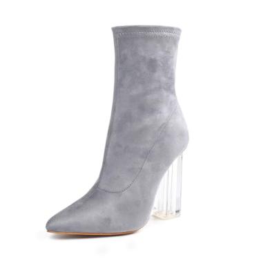 Imagem de getmorebeauty Botas femininas de cano baixo, de malha, salto alto, bico fino, sem cadarço, para outono e inverno, Cinza, 40