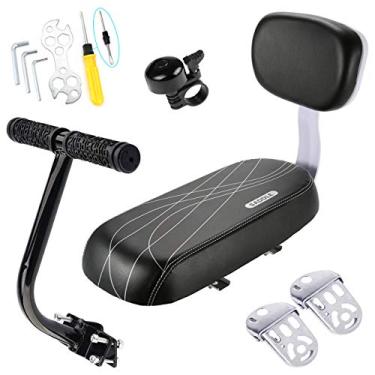 Imagem de CenterZ Almofada de assento traseiro de bicicleta com encosto de segurança + corrimão de apoio de braço do banco traseiro + apoios de pés dobráveis ocultos + sino de guidão (kit de ciclismo universal com conjunto de ferramentas de reparo instaladas), preta