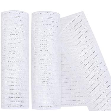 Imagem de MIKIMIQI Pacote com 2 fitas decorativas de malha decorativa de 25,4 cm x 7,6 m com fita de malha decorativa de folha metálica para grinaldas de primavera, festa artesanal, sem fio (branco brilhante)