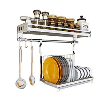Imagem de Escorredor de louça, suporte de parede para temperos, multifuncional, 3 em 1, estante de cozinha, prateleira de armazenamento com suporte de especiarias, escorredor de pratos dobrável e 3 ganchos