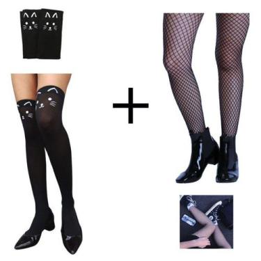 Imagem de Meia Cosplay 7/8 Modelo Gato Gatinha com Rabo + Meia Calça Arrastão: E