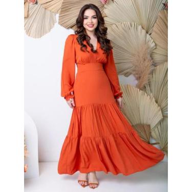 Imagem de Vestido Longo Manga Longa Decote V Viscolinho Moda Feminina - Fashion,