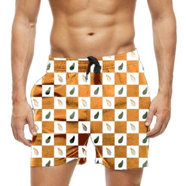 Imagem de Short Praia Shorts Banho Bermuda Verão Xadrez Folhas Desenho 1184 - SM