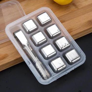 Imagem de Gelo Reutilizavel Inox Cubo Artificial 8 Cubos Com Pegador Bebidas Reu