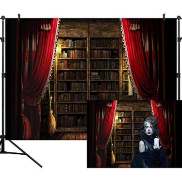 Imagem de DULUDA Cortina de fundo para fotografia temática de Halloween 2,5 x 1,8 m, estante de livros, vassoura mágica, adereços para fotógrafos HW43B