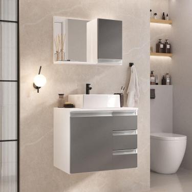 Imagem de Conjunto Gabinete Banheiro Prisma 60cm - Gabinete + Cuba + Espelheira Branco Cinza