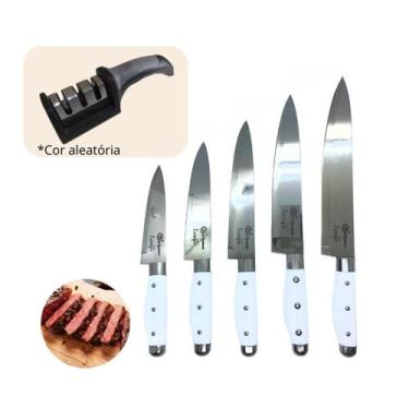 Imagem de Kit 5 Facas Inox Cozinha Carne Churrasco + Amolador Afiador - SQ