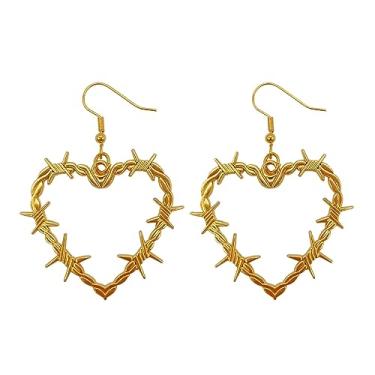 Imagem de Brincos de coração grande, estilo punk, arame farpado, espinho, gótico, ouro, prata, coração, espinho, brincos de metal com pingente de malha, joias de Halloween para mulheres, Metal, Sem pedra