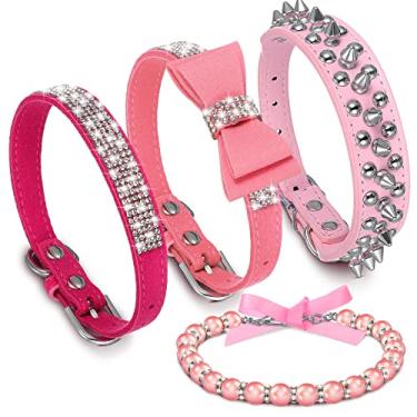 Imagem de 4 coleiras de cachorro rosa cravejadas com cravos e pérolas para cães coleira para cães com laço de strass nó cristal diamante colorido flor brilhante coleiras para cães (estilo fofo, PP)