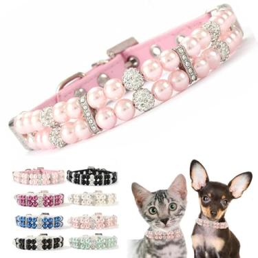 Imagem de Coleira de pérola rosa para cães, colar luxuoso com contas de cristal de strass chique, bonito, para cães pequenos, joias de diamante para XXS XS, pequeno, médio, fêmea, gatinho, animal de estimação