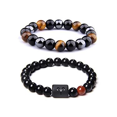 Imagem de CSIYANJRY99 Pulseiras para casais do zodíaco, 8 mm, pedra ônix preta natural hematita obsidiana tigre conjunto de pulseiras com 12 estrelas de signo constelação horóscopo yoga pulseira