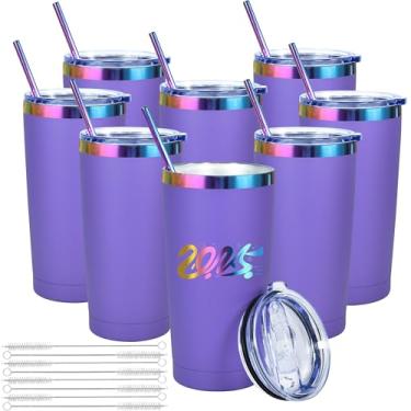 Imagem de Icesip Pacote com 8 copos de 590 ml com tampa e canudo, caneca isolada a vácuo de aço inoxidável, copo de café durável revestido em pó de parede dupla para bebidas frias e quentes, copos de viagem com
