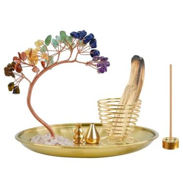 Imagem de MrMrKura Queimador de incenso 5 em 1, suporte de incenso de árvore de cristal de 7 chakras, palo santo, queimador de sálvia para varas de incenso, apanhador de cinzas de latão para meditação de ioga,