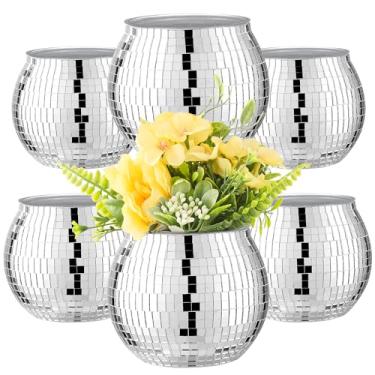 Imagem de Vaso de bola de discoteca, vaso de 6 peças, para centros de mesa, decoração de bola de discoteca, vaso de flores com vidro espelhado prateado para casamento, aniversário, festa (10 x 12 cm)