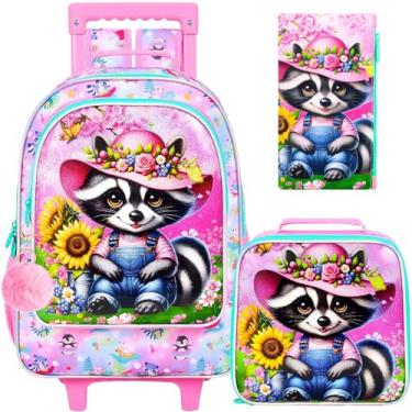 Imagem de gxtvo Mochila infantil com rodinhas de guaxinim fofa, mochila para escola primária, 3 peças, guaxinim, Mochila com rodinhas rosa guaxinim com impressão UV, One Size, Mochila com rodinhas rosa guaxinim