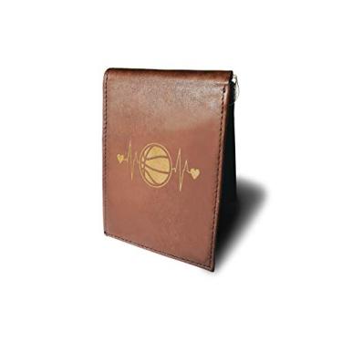 Imagem de Carteira masculina de couro de vaca Basketball in My Heartbeat Love com gravação a laser, minimalista, fina, com bloqueio de RFID, bolso frontal, Marrom, Small, Minimalista