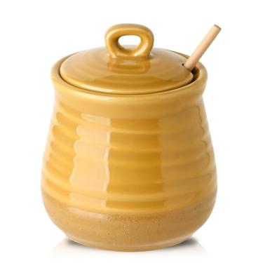 Imagem de Hasense Pote de Mel de Cerâmica com Tampa, Pote de Mel de 12 Onças com Tampa e Concha de Madeira, Conjunto de Palito e Jarra de Mel de Porcelana, Lindo Prato de Mel para Presente d (, Amarelo)