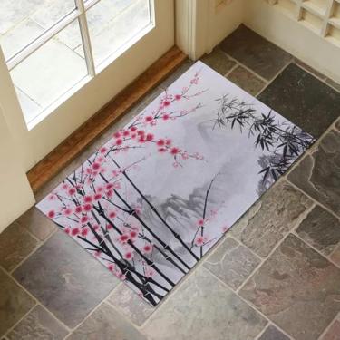 Imagem de VANZEV Tapete de porta interno de flor de cerejeira oriental e bambu para entrada, 43 x 75 cm, capacho floral para decoração de casa, tapete antiderrapante para sala de estar, cozinha, quarto,