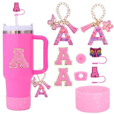 Imagem de Liangang Conjunto de acessórios de copo rosa Stanley Cup 9 peças compatível com copos de 850 g e 1,134 g, inclui capa de palha, bota, tampa à prova de derramamento, 2 peças de berloque e adesivos