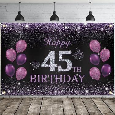 Imagem de JOYKY Banner de feliz aniversário de 45 anos, roxo Happy 45th Birthday Party Decorações para mulheres, artigos de aniversário de 45 anos, decoração de pano de fundo, 15 x 3,8 pés