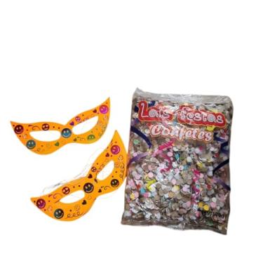 Imagem de Kit Festa com 12 Máscaras Decorativas Laranja com Emojis e Pacote de Confetes 100g