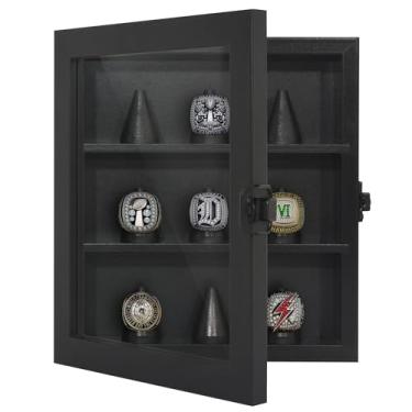 Imagem de Americanflat Caixa de exibição de anel campeonato 20 x 23 cm com trava e chave - comporta 9 anéis - Estojo preto para exibição de joias com vidro resistente a estilhaços - Exibições independentes ou