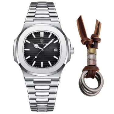 Imagem de Relógio Prata Masculino Premium Old Money Inox + Colar Argola - PENDUL