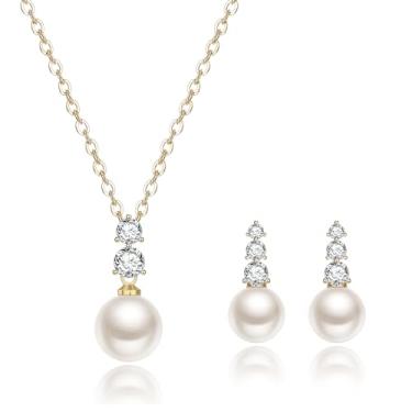 Imagem de EleQueen Prata esterlina 925 CZ pérolas cultivadas em água doce, brincos de colar de pingente de noiva, conjuntos de joias de casamento, dia dos namorados/dia das mães/presente de joias de Natal,