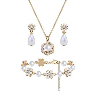 Imagem de Conjunto de joias de dama de honra para mulheres e meninas, pingente de flor banhado a ouro 18 K, prata e ouro rosa, com colar de pérolas, brincos, presente de dama de honra para casamento e pedido de casamento, festa e formatura, Zinco Vidro Pérola sintética, Pérola sintética