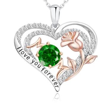 Imagem de THECEROS Colar de pedra do mês de nascimento de coração rosa presentes para mãe avó, prata esterlina pedra do mês de nascimento colares de joias para mulheres dia das mães presentes de Natal para mulheres avó esposa filha dela, Banhado a ouro 18K, Esmeralda