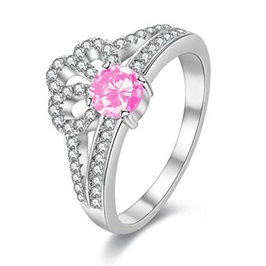 Imagem de Anéis de casamento femininos Uloveido banhados a ouro branco diamante redondo zircônia cúbica princesa coroa (amarelo, rosa, azul, multi, roxo, tamanho 6 7 8 9) Y2735 rosa