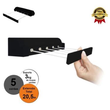 Imagem de Varal Retratil Parede Automatico Com 5 Cordas Preto Secalux, Preto