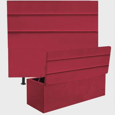 Imagem de Kit Cabeceira Estofada e Calçadeira Baú Recamier Argent 90cm Solteiro Corino Vermelho - Ahz Móveis