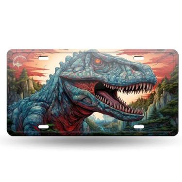 Imagem de Capa de placa de carro com design de paisagem de floresta de dinossauro 3D - etiqueta artística de alumínio para carro, à prova de ferrugem, design exclusivo - 15,5 x 30,5 cm