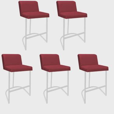 Imagem de Kit 05 Banquetas Com Encosto Noah Luxo Confort Bistrô Cozinha Ferro Branco Sintético Vermelho - Ahz Móveis
