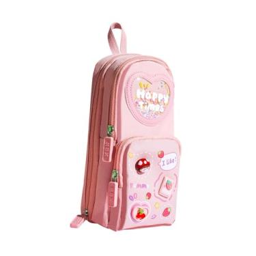 Imagem de IEUDNS Lápis Pen Case 3 Compartimento Polsa organizadora de artigos de papelaria para maquiagem Marker Makeup Brush Travel Boys Girls, Rosa E Garota