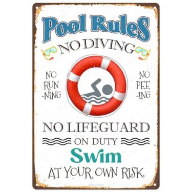 Imagem de Decoração de sinalização de regras de piscina, sem mergulho, corrida, urina, natação por sua própria conta e risco, placas de metal duráveis para praia, casa, bar, piscina, deck de quintal, cercas