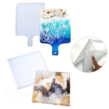 Imagem de Kit grande de moldes de resina epóxi, conjunto de 2 peças - cabo de 33 x 20 cm e bandeja de silicone de 25 x 25 cm para fazer tábuas de corte DIY, artesanato de decoração de casa, acessórios de