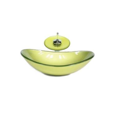 Imagem de Cuba de Vidro Oval 47cm + Válvula + Torneira Cascata Verde