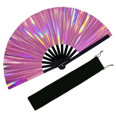 Imagem de EOSAU Grande ventilador holográfico rave dobrável ventilador de mão para dança de linha portátil ventilador clack para festival EDM festa música acessórios (rosa holográfico)