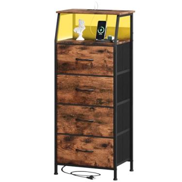 Imagem de Somdot Cômoda de 4 gavetas com estação de carregamento e luz LED para quarto, mesa de cabeceira alta com caixas de tecido removíveis para cabeceira, sala de estar, berçário, lavanderia, armário,