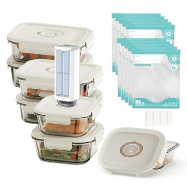Imagem de 21 peças seladoras a vácuo elétricas, recipientes de armazenamento de alimentos de vidro borossilicato, hermético premium, mini bomba de vácuo portátil com 6 recipientes, 10 sacos de selagem